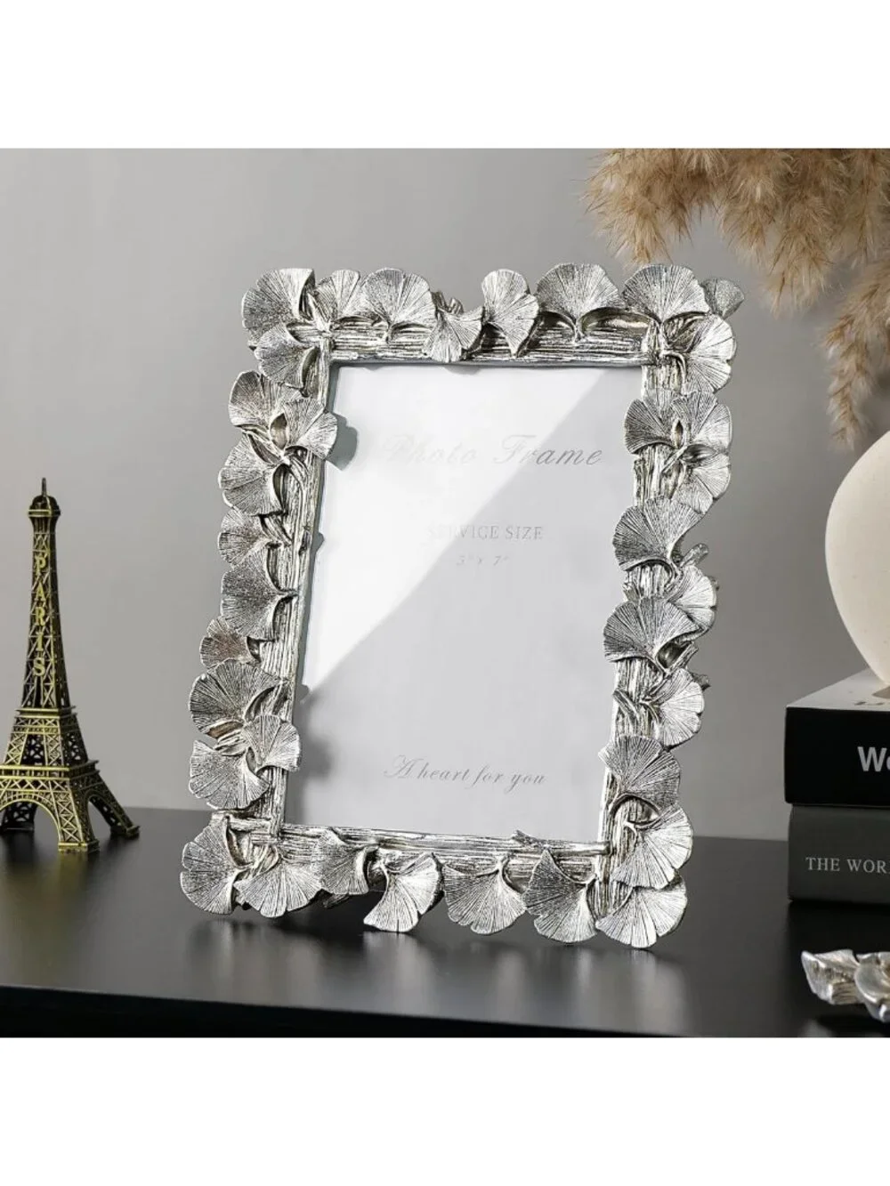 Vintage Silver 5x7 Picture Frame, Ornate Leaf Design, Handcrafted Resin, Retro